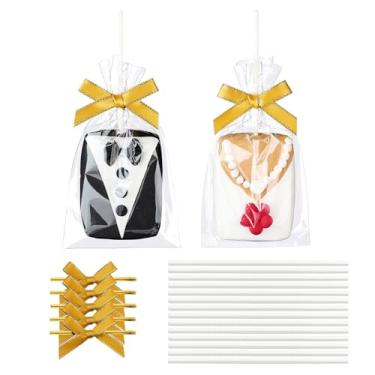 Imagem de RomanticBaking 50 conjuntos de sacos transparentes de arroz Krispie com laço de fita dourada e palito e sacos lisos de celofane transparentes para petiscos de arroz Krispie bolsa de presente (ouro)