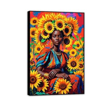 Imagem de Arte africana mulher negra cuadros pôsteres menina impressão em tela escandinava arte de parede abstrato colorido girassol decoração de imagem 45 x 30 cm (18 x 12 pol) moldura preta