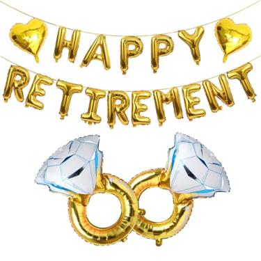 Imagem de SHUNTAI Conjunto de balões de alumínio Happy Retirement - 40,6 cm com letras douradas, faixa e anel de diamante, balões de coração de alumínio para mulheres e homens, decoração de festa aposentada