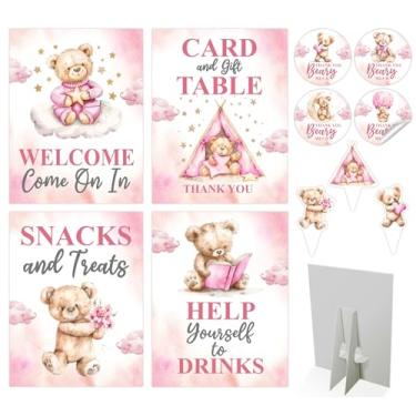 Imagem de Bella and Bentley Novelty 80 Peças De Decorações Para Chá Bebê "We Can Bearly Wait" Com Ursinho Pelúcia Rosa - 4 Centros Mesa, Placa Boas-Vindas, 36 Enfeites Cupcake, 40 Adesivos "Thank You Beary Mu