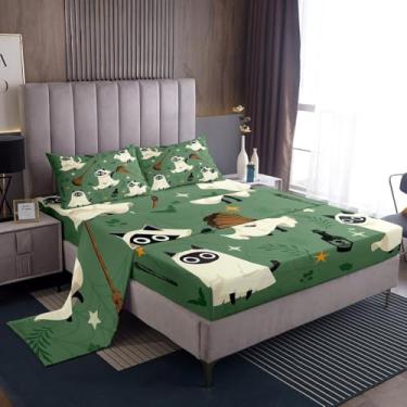 Imagem de jejeloiu Jogo de lençol solteiro, assustador, para crianças, meninos, meninas, gato, mágico, para decoração de quarto, respirável, macio, leve de microfibra, 3 peças