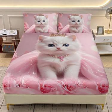 Imagem de AILONEN Jogo de lençol 3D casal de gato branco para decoração de quarto, 3 peças, 1 jogo de lençol + 2 fronhas, microfibra macia