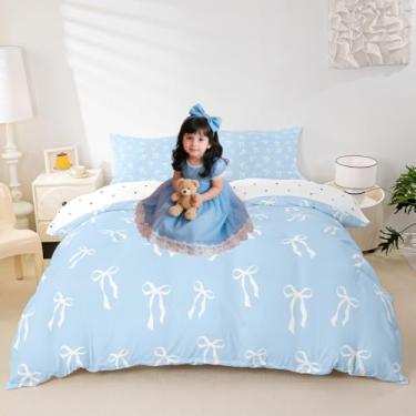 Imagem de Erosebridal Jogo de cama fofo com laço e laço branco, solteiro, azul, princesa, conjunto de edredom para crianças, meninos, meninas, moderno, simples, com nó e colcha, decoração de quarto