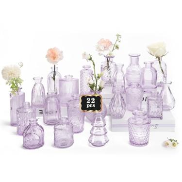 Imagem de RUCKAE Vaso de flor roxo a granel 22 vasos de vidro pequenos vintage para mesa de centro de mesa, decoração de casamento, decoração de casa, festa