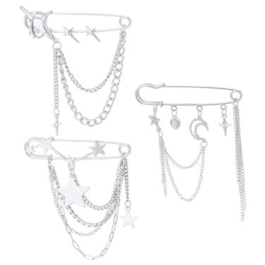 Imagem de HOBBIESAY 3 peças punk prata estrela lua borla broche vintage lua estrela colar pinos liga celestial alfinetes acessórios para mulheres xaile vestidos casacos, cachecóis, bolsas e artesanato DIY