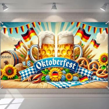 Imagem de BlissYard Faixa Oktoberfest Poliéster 180 x 109 cm Decoração de Festival de Cerveja com Bandeiras Alemãs, Pretzels, Canecas de Cerveja, Girassóis e Cenário Oktoberfest