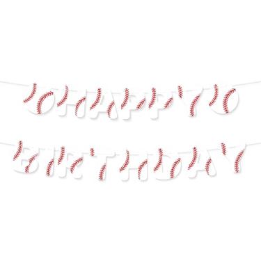 Imagem de Baseball Happy Birthday Banner, Decorações Aniversário Beisebol Cordão Pré-Montado Letreiro Suspenso Guirlanda Fundo Fotos para Adultos Crianças Esportivas Festa Temática (Branco, Vermelho)