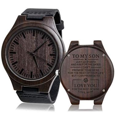 Imagem de Fodiyaer Relógio de madeira gravado para homens, namorado, marido, ele, como presente de aniversário personalizado, Natal, aniversário, dia dos pais, ideia de presente de madeira, Sleek Ebony Wood - For Son From Mom