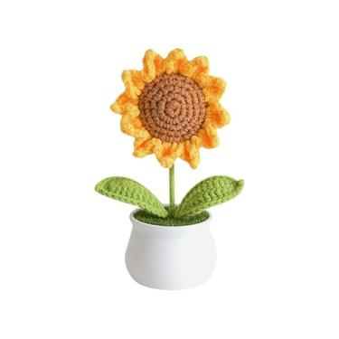 Imagem de ccHuDE Girassol artificial fofo pequeno de crochê de girassol feito à mão tricotado flor de crochê flores pequenas plantas de tricô artesanato plantas de tricô decorações de flores para escritório