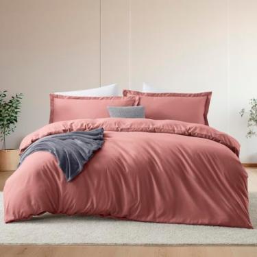 Imagem de Hearth & Harbor Conjunto de capa de edredom e lençol de cama queen size argila rosa, conjunto de cama de 7 peças, inclui capa de edredom, lençol de cima, lençol com elástico, fronhas e fronhas