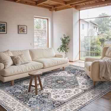 Imagem de RUUGME Tapete lavável 15 x 23 cm – Tapetes vintage com suporte antiderrapante resistente a manchas para quarto, sala de jantar, tapetes macios para decoração de casa de banho, 15 x 23 cm, azul-marinho