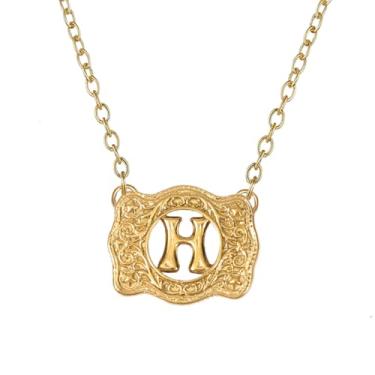 Imagem de SENFAI Colar com fivela de cinto em ouro 14K, estilo ocidental, com pingente de letra inicial, design decorativo com fivela de cinto, Small, Latão, Sem Pedra Preciosa