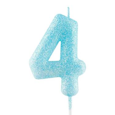 Imagem de Vela de 4º aniversário com glitter azul número 4 velas luminosas de topo de bolo decorações de feliz aniversário para meninas, meninos, mulheres, comemorações, artigos de festa