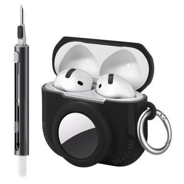 Imagem de Seltureone Compatível com AirPods 4 e AirTag 2 em 1, capa protetora de silicone macio compatível com AirPods 4ª geração com kit de limpeza e mosquetão - preta