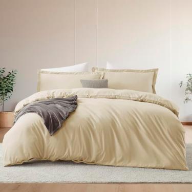 Imagem de Hearth & Harbor Conjunto de capa de edredom e lençol de cama queen size bege creme, 7 peças, macio escovado, inclui capa de edredom, lençol de cima, lençol com elástico, fronhas e fronhas