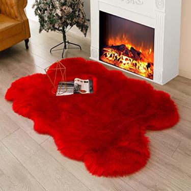 Imagem de CKLZSAY Tapete de pele sintética fofa de pele de carneiro vermelha, tapete de pelúcia ultramacio de 1,2 x 1,8 m para quarto, cabeceira, sala de estar, berçário, quarto de crianças