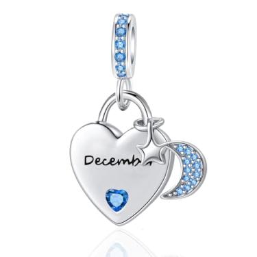 Imagem de QeenseKc Pingente de lua e estrela com pingente de coração do mês de nascimento de dezembro compatível com pulseira Pandora feminina