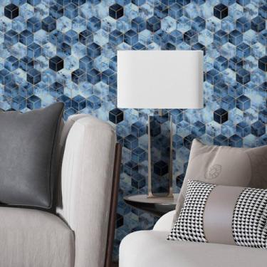 Imagem de Papel De Parede Geométrico Azul Cubos Dourados Elegante 2.5m - DELIQUA