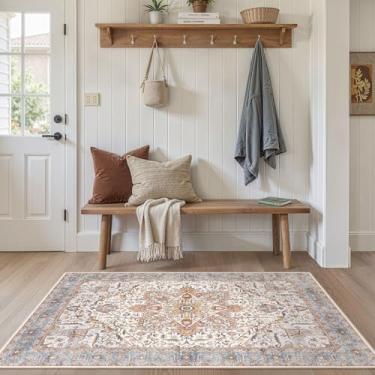 Imagem de Tortania Tapete de área para sala de estar – Tapete lavável vintage oriental envelhecido casa de fazenda pequeno fino para sala de estar quarto embaixo da mesa de jantar escritório em casa - laranja