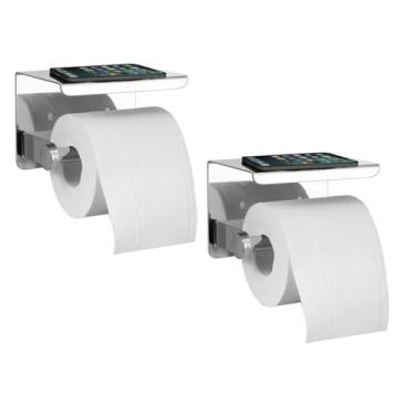 Imagem de Suporte Papel Higienico Inox Kit 2 unidades Banheiro Lavabo Prateleira Apoio Celular Objeto Parede Multiuso