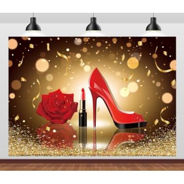 Imagem de Loccor 2,1 x 1,5 m Tecido Ouro Vermelho Bokeh Pano de Fundo de Festa de Aniversário Lady Queen Sapatos de Salto Alto Batom Rosa Fundo Fotográfico para Meninas Mulheres Decoração de Festa de