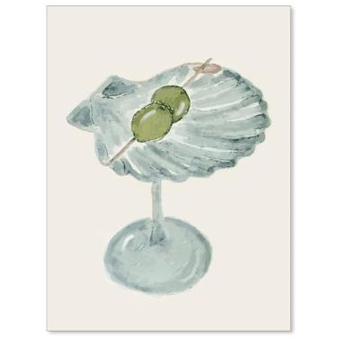 Imagem de OMANI Arte de parede de coquetel verde concha martini álcool pôster bar carrinho decoração impressões em tela para bar sala de estar cozinha decoração de parede 30 x 40 cm sem moldura