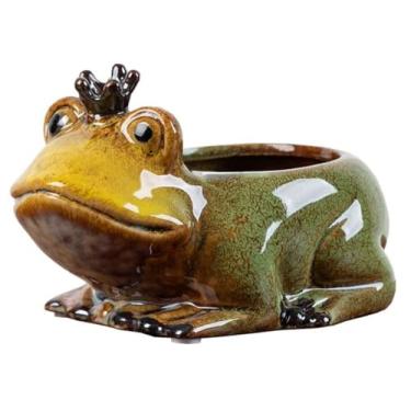 Imagem de zmgmsmh Vaso decorativo de sapo de cerâmica com base de bambu suporte para plantas internas em forma de animal, vaso suculento de cerâmica com drenagem, mini plantas suculentas, plantador de cacto