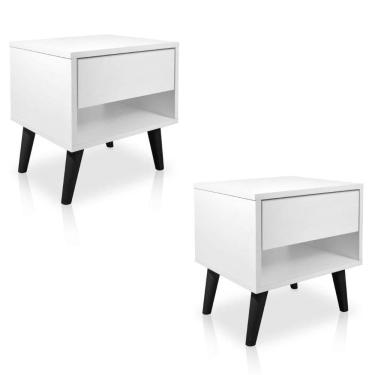 Imagem de Kit 2 Mesas De Cabeceira 1 Gaveta 38 Cm Mdf Branco Pés Palito Mp