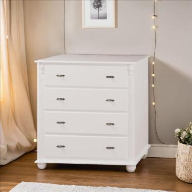 Imagem de Cômoda Clássica Com 4 Gavetas E Pés Torneados - Branco Laca