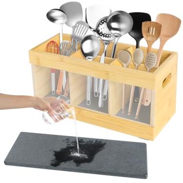 Imagem de Organizador de utensílios de cozinha de bambu para balcão ou bancada, suporte grande de colher de cozinha com pedra de secagem absorvente e 6 compartimentos - para decoração e acessórios de cozinha de