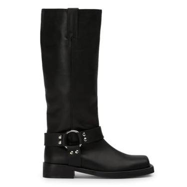 Imagem de ZJGZF Botas femininas de cano alto de couro com tachas de motociclista, bico quadrado, salto grosso, sem cadarço, botas largas de cano médio, sapatos de inverno bonitos e confortáveis, Preto, 39