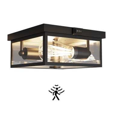 Imagem de Craftersmark Luz de teto externa com sensor de movimento, luminária de varanda de montagem embutida, luminária externa com vidro transparente, 2 luminárias do crepúsculo ao amanhecer para pátio