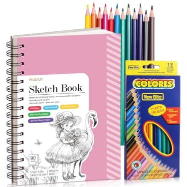 Imagem de Caderno de esboço com conjunto de 12 lápis de cor, caderno de esboço espiral de 90 folhas para desenho (30,8 kg/100 gsm), bloco de esboço sem ácido para artistas infantis, material de desenho de papel