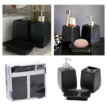 Imagem de Kit 3 Peças Lavabo Luxo Porcelanato Saboneteira e Porta Escovas de Den