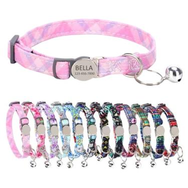 Imagem de Coleira de gato gravada personalizada com nome e número de telefone, fivela ajustável personalizada e coleira de identificação de sino para gatinhos e gatos