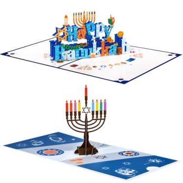 Imagem de Magic Ants Pacote com 2 cartões pop-up do Hanukkah com luzes de menorá - Cartões festivos 3D para Hanukkah e Ano Novo - Comemore com velas de Hanukkah - Inclui envelopes