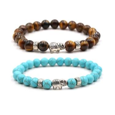 Imagem de Caiyao Pulseira Elástica De Pedra Natural 8 Mm Com Contas Chakra E Elefante Para Mau-Olhado, Proteção Lukcy, Lava, Cura, Equilíbrio, Alívio Do Estresse, Ioga Mulheres Homens - Azul + Amarelo