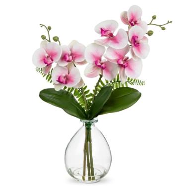 Imagem de Orquídea rosa, flores artificiais, orquídea falsa em vaso de vidro, toque real, pequenos arranjos de flores de orquídea Phalaenopsis com vaso transparente, peça central para mesa de sala de jantar