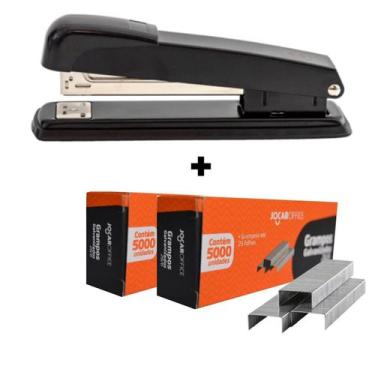 Imagem de Kit Grampeador Metal Preto Grande 15cm + 10000 Grampos 26/6 Galvanizad