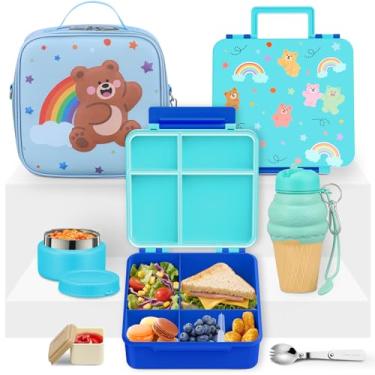 Imagem de HAWEEK Lancheira infantil com 5 compartimentos, pote e utensílio isolado para alimentos, recipiente para molhos, lancheira e copo dobrável de silicone, à prova de vazamento, livre de BPA e lavável na