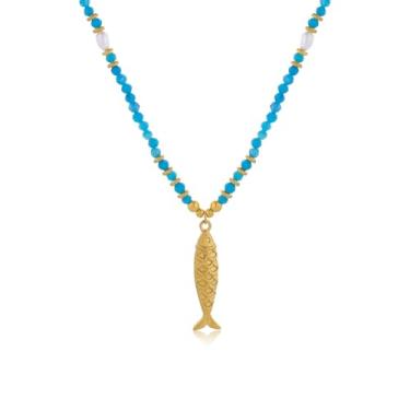 Imagem de Z ZACHÉ Colar feminino boho de peixe banhado a ouro 14 k, pingente de peixe com contas azuis, colares gargantilha de verão, praia, litoral, joia de ouro para mulheres presentes, Medium, Aço inoxidável