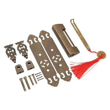Imagem de GLOGLOW Conjunto de puxadores de cadeado antigo, maçaneta de porta estilo vintage chinês bronze cor bronze gabinete placa traseira tira tira tira kit para decoração de casa Hasps