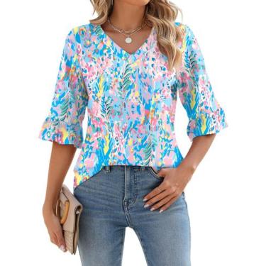 Imagem de Blusa feminina LOMON, manga 3/4, ilhó, manga sino, manga de sino, busi