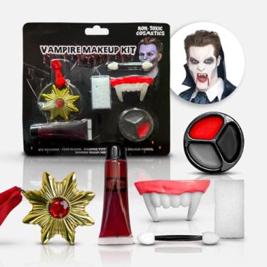 Imagem de Kit Maquiagem Vampiro Halloween Completo – Sangue Falso, Dentes, Tintas Faciais, Esponja, Pincel e Medalha – Fantasia Assustadora para Festa, Cosplay e Fotos Criativas