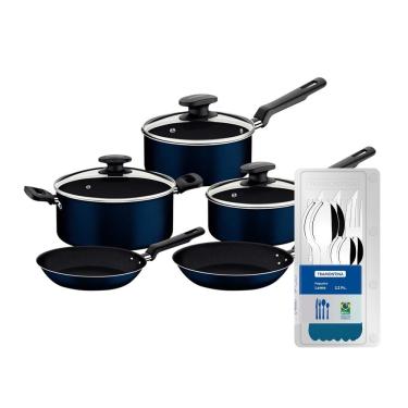 Imagem de Conjunto de Panelas 5 Peças Tramontina Ravena Starflon Max Azul + Faqueiro 12 Peças Tramontina Leme Azul