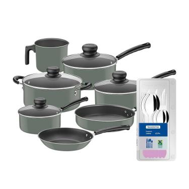 Imagem de Conjunto de Panelas 10 Peças Tramontina Versalhes Starflon Max Verde + Faqueiro 12 Peças Tramontina Leme Lavanda