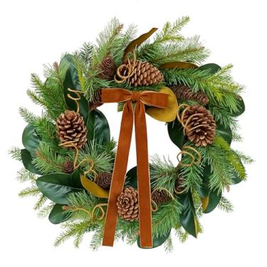 Imagem de Giegxin Guirlanda de Natal artificial de 50 cm com laço, folha de magnólia, pinhas, coleção de pinheiros, guirlanda de Natal para porta da frente, lareira, janela, decoração de parede, interior