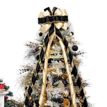 Imagem de Hismir Arco de topo de árvore de Natal, arco de Natal grande de 133 x 33 cm com serpentina de glitter, laços decorativos para decoração de casa de guirlanda de árvore de Natal (preto e dourado)