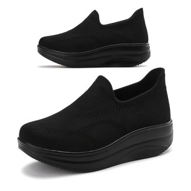 Imagem de RUIDENG Mocassins Femininos Confortáveis, Calçados Para Fascite Plantar, Caminhar Sobre Almofadas, Solado Tipo Balancim De 2", Todos Pretos, Tamanho 6