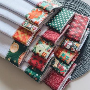 Imagem de Pano De Prato Pé De Galinha Barradinho Natalino Kit 10 Unid